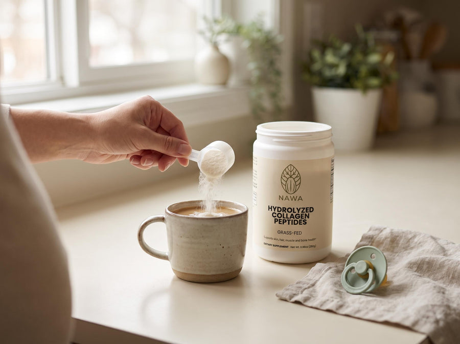 A scoop of NAWA collagen going into a morning coffee