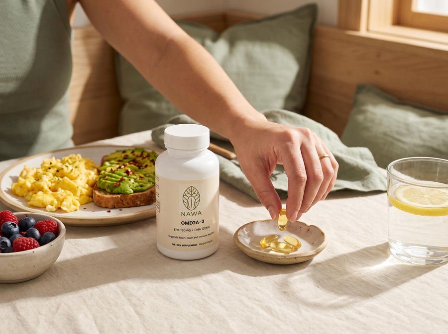 NAWA Omega-3 softgels with a healthy breakfast